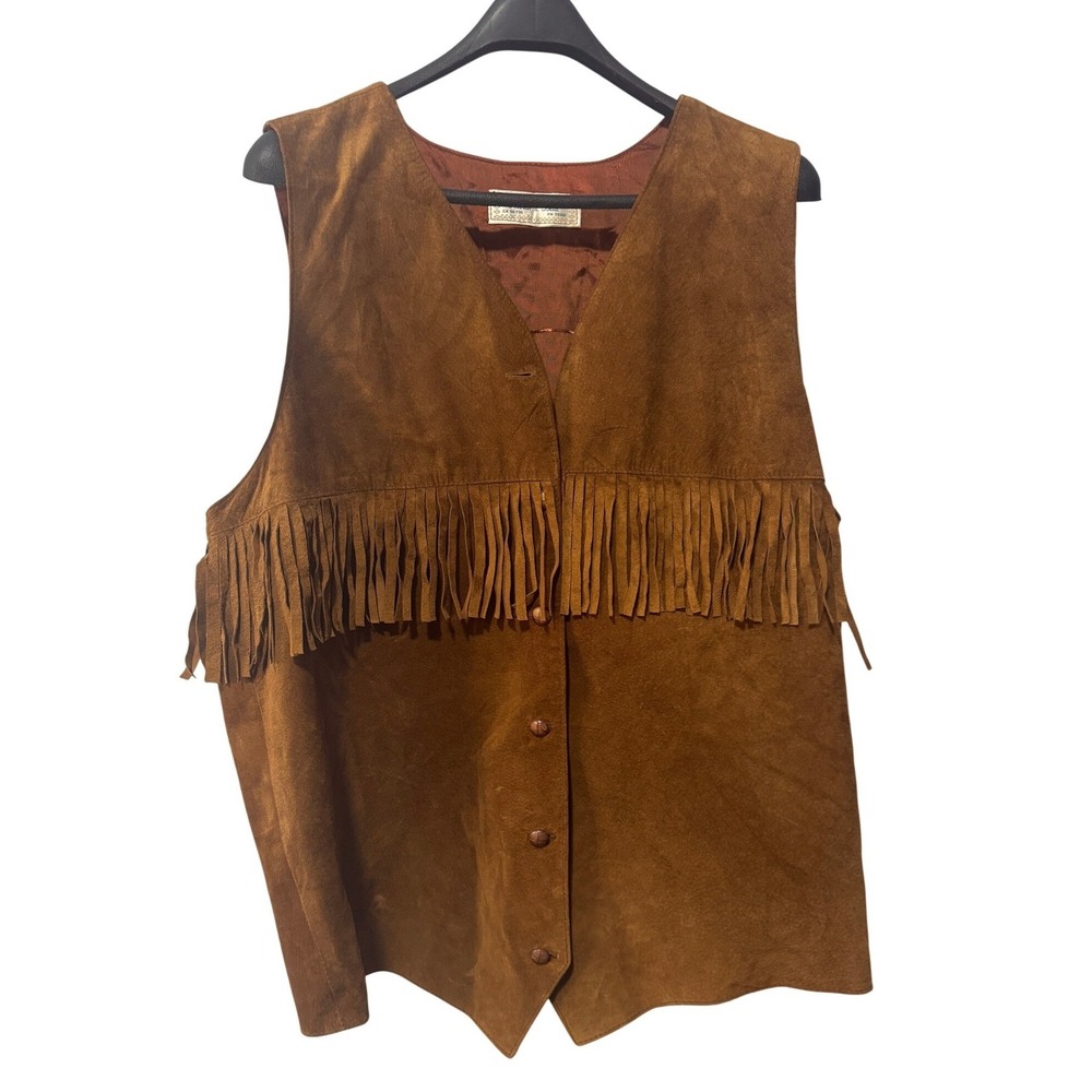 Tristan & Iseut Vintage Brown Suede Leather Fringe Western Vest Made in Canada L